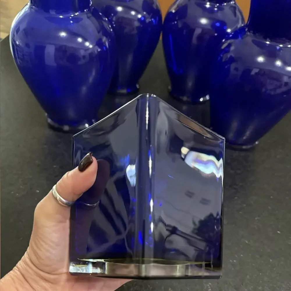 5 COBALT BLUE Glass Vase Set. 4-11” LARGE GLASS VASES & 1-5” Square Heavy Vase.